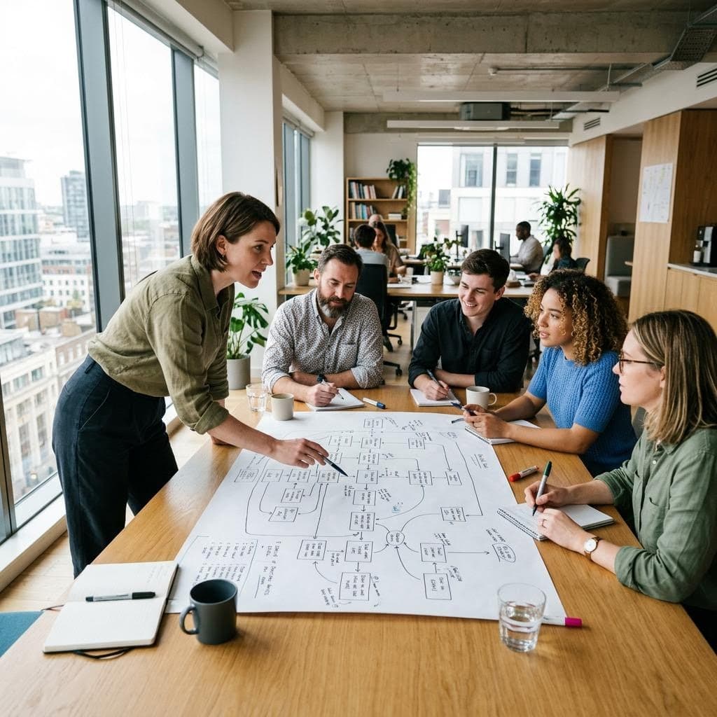 A working session with people around a table and a large printed process map between them, one person standing at it